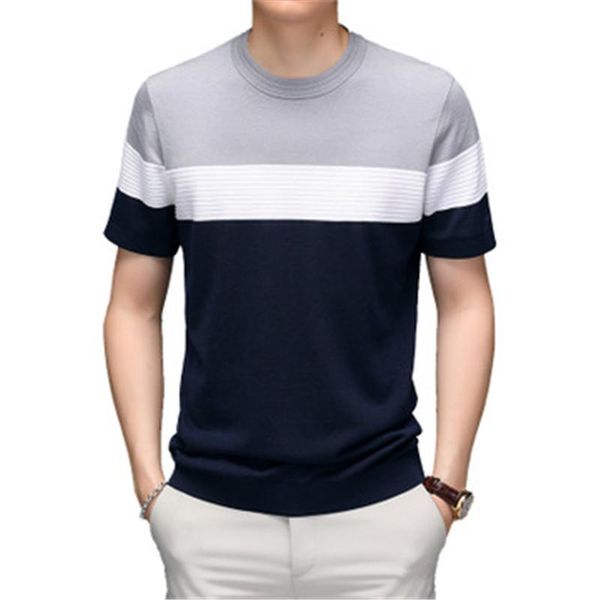 

hit color knitting tshirt mens short sleeve summer fashion casual round neck loose middle-aged thin mulberry silk clothing, White;black