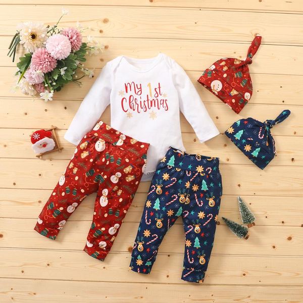 

3pcs newborn baby girl boys clothes sets newborn infant baby boys girls 1st christmas romper pants+hat outfits set 2021, White