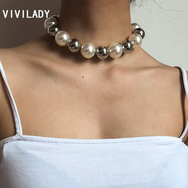 

chokers vivilady retro imitation pearl big exaggerated colorful alloy round bead women choker necklace chic charm for bridal jewelry, Golden;silver