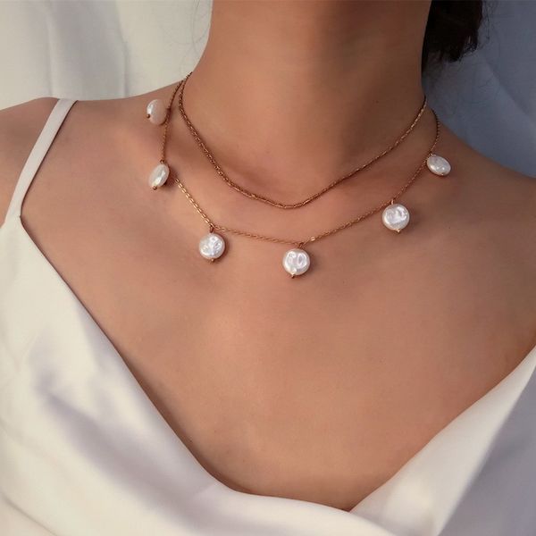 

punk double layered short choker necklace collar statement irreglar pearl tassel pendant necklace women jewelry, Silver