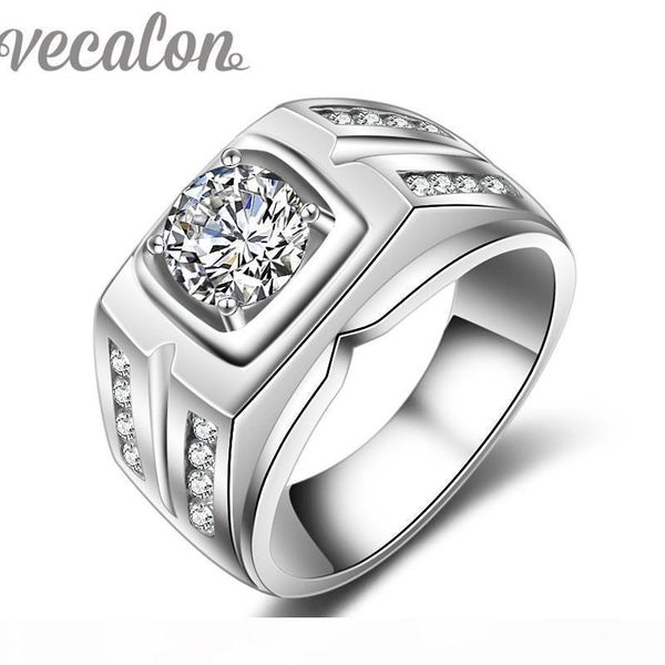 

vecalon handmade engagement wedding band ring for men solitaire 2ct simulated diamond cz 925 sterling silver male party ring, Slivery;golden