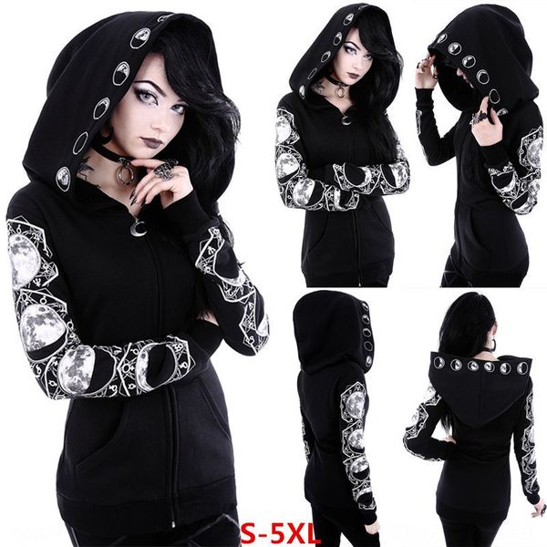 

2019 cardigan hooded cloak long sleeve punk moon printed cape for women 2019 cardigan hooded cloak sweater coat sweatersweater coat long sle, Black