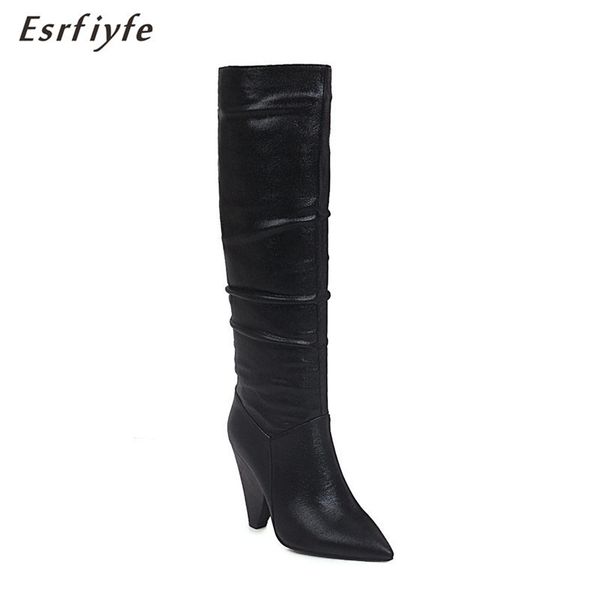 

esrfiyfe 2020 new women knee high boots fashion sequined cloth women party boots high heel pointed toe big size 17, Black