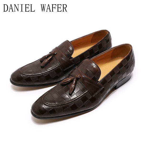 

men tassel loafers shoes classic style black genuine leather plaid prints pointed toe formal casual dress party office shoes