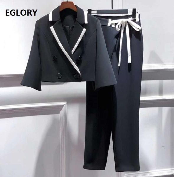 

women's two piece pants & capris set 2021 autumn style women notched collar flare sleeve crop coat+skinny sets 2, White