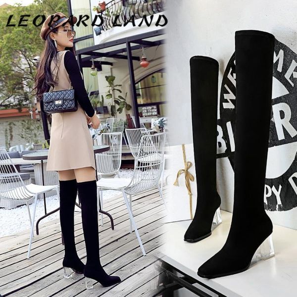 

boots leopard land fashion women's transparent crystal heel high square suede over-the-knee ds-9789-6, Black