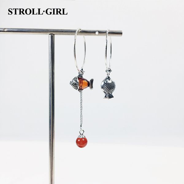 

dangle & chandelier strollgirl 2021 earrings vintage silver 925 red stone fish asymmetrical drop for women fashion jewelry