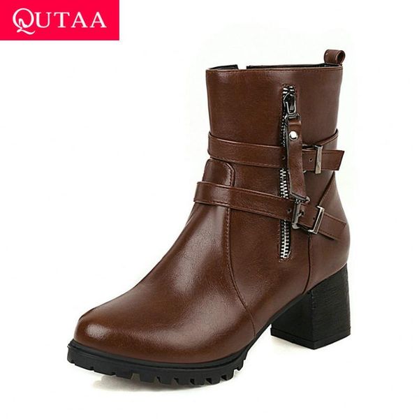 

qutaa 2020 buckle zipper fashion ankle boots autumn winter square heel women shoes pu casual round toe short boots size 34-43, Black