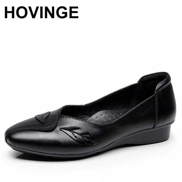 

hovingespring fashion pointed toe flats women genuine leather leaves decoration low heel party shoes elegant ladies flats, Black