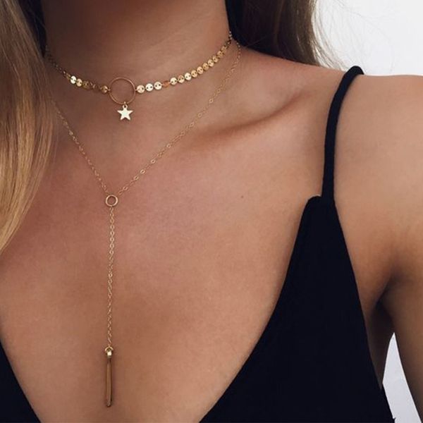 

multilayer star necklace aesthetic star pendant chain necklaces bohemian style tassel long necklace women jewelry kpop, Silver