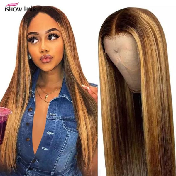 

ishow highlight colored human hair wigs pre plucked lace front human hair wigs ombre remy frontal wig for black women, Black;brown