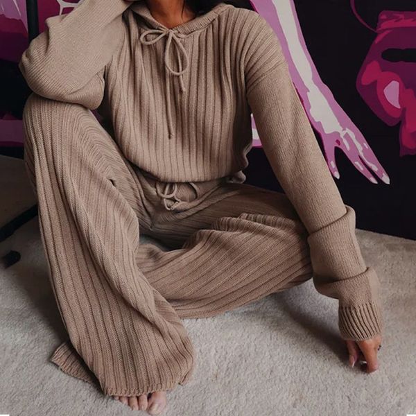 

autumn ribbed sweater women 2 pieces suits long sleeve hooded drawstring sweaters and lace up pant streetwear casual lady suit, Gray