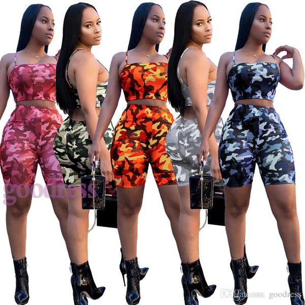 

summer women camouflage print two piece sets outfits camo wrapped chest crop biker shorts tracksuit casual bodycon plus size clothes, Gray
