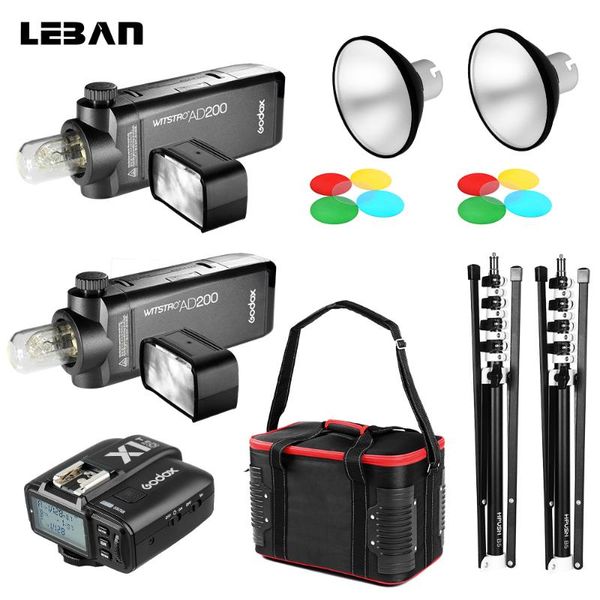 

godox 2x ad200 hssl flash strobe with built-in 2.4g wireless + 2x light stand + ad-m standard reflector carry bag