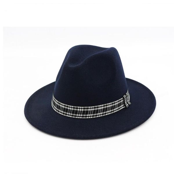 

wide brim hats women men wool fedora hat with striped satin panama jazz, Blue;gray