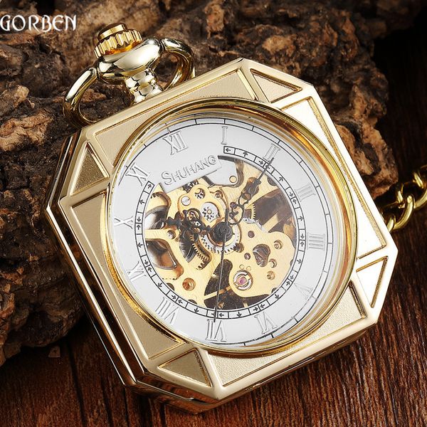 

luxury golden square design mechanical pocket watch with fob chain sculpture skeleton steampunk hand wind mechanical mens watch t200502, Slivery;golden