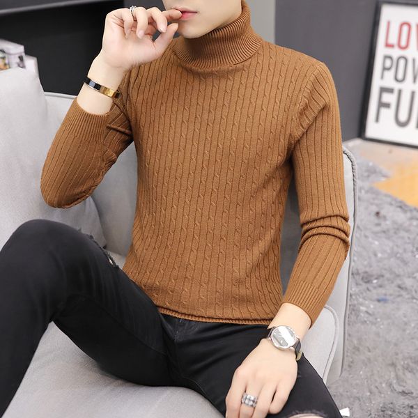 

2020 men's new autumn warm linen flower color turtleneck sweater youth slim white sweater, White;black