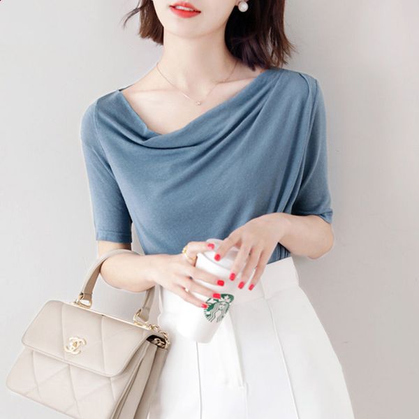 

new autumn cotton shirt women's summer skew collar half sleeve t-shirt loose spring casual knitting shirts plus size -7xl, White
