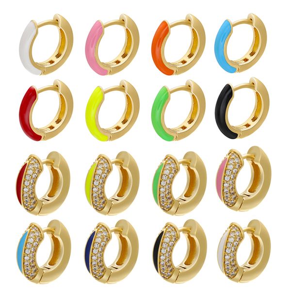 

hoop & huggie 1 piece earrings neon green yellow bright fluorescent jewelry enamel circle round shape cz gold color earring 2021, Golden;silver