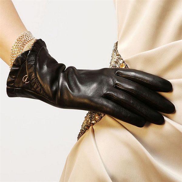 

autumn fashion women sheepskin gloves winter plus warm velvet wrist lace genuine leather elegant lady driving glove el007nc-5, Blue;gray