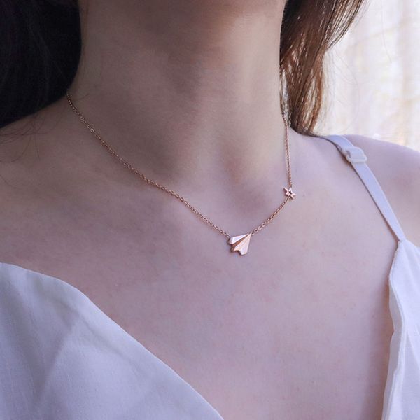 

paper folded plane star necklace stainless steel for women rose gold color dream short collar clavicle necklace fashion 2020, Silver