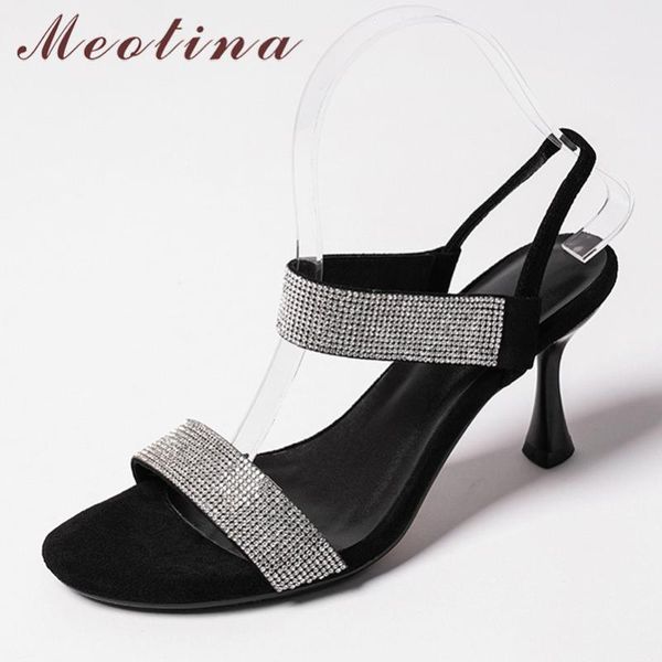 

meotina crystal kid suede high heels sandals thin heel female shoes round toe dress ladies sandals khaki black big size 9
