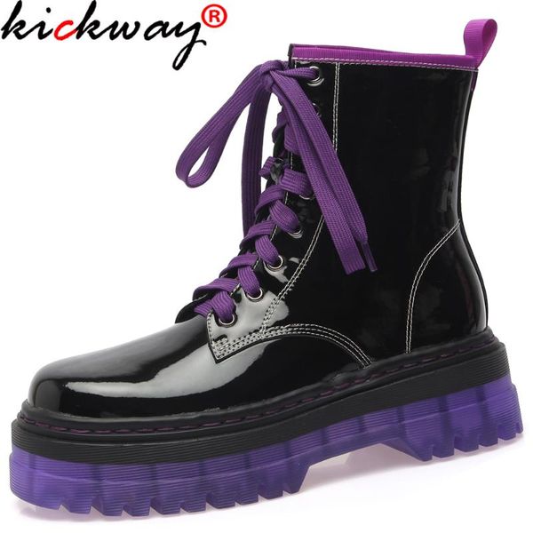 

boots kickway size 34-39 ins ankle women round toe thick heel lace up split leather shoes cool footwear, Black