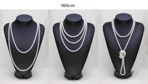 

designer sweater necklaces long round natural white 8-9mm natural freshwater pearl necklace endless charm necklace 160cm, Silver