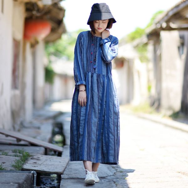 

2019 autumn large size women's clothing new artistic large hem striped loose long sleeve cotton and linen dress cotton and linen dress, Black;gray