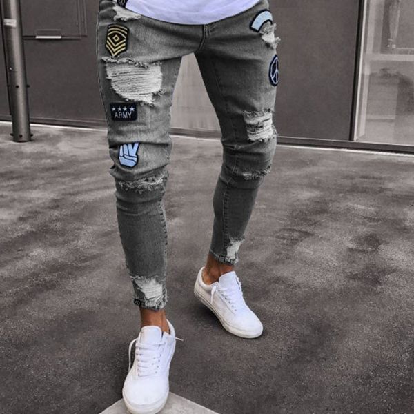 

holes feet denim trousers factory direct sales selling autumn fashion men's jeans trousers europe and america, Blue