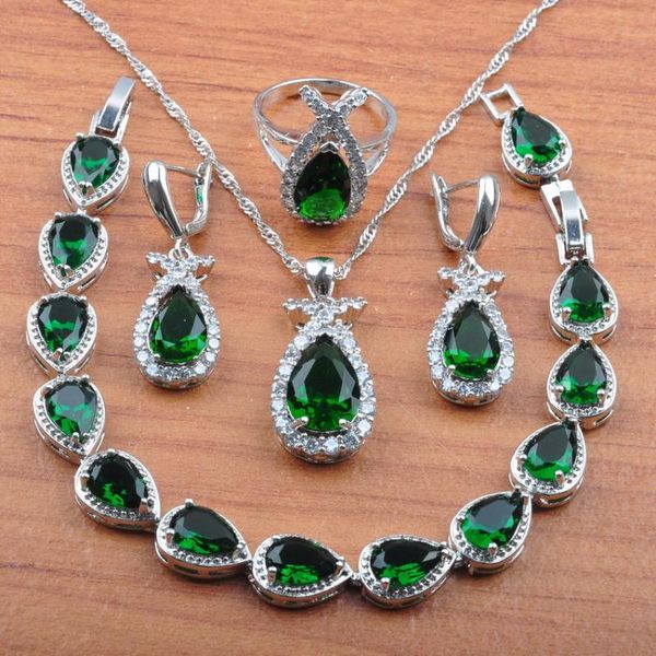 

russian style wedding trinket jewelry sets for women green zirconia costume earrings and bracelet set christmas gifts js455, Silver