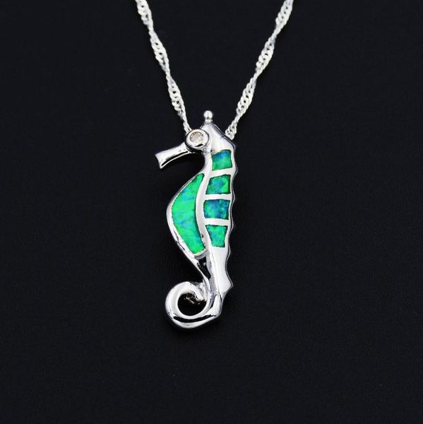 

chains lovely kiwi green fire opal sea horse pendant necklace gift, Silver