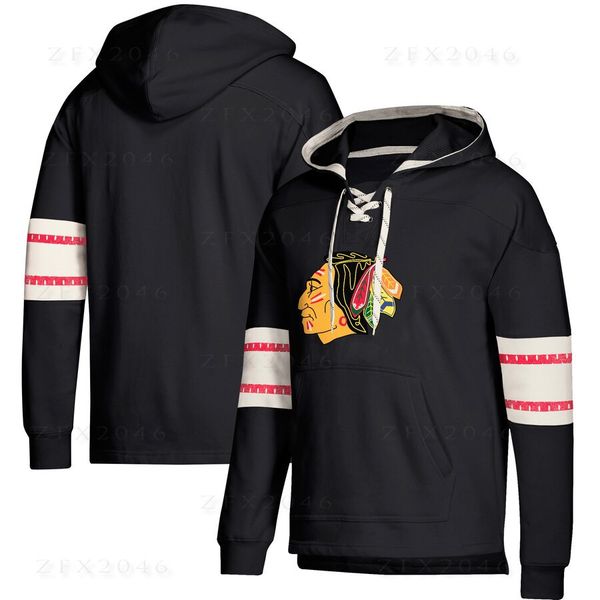 

chicago hoodies blackhawks jersey lace-up pullover hoodie black mens with splicing draw string full sleeves stitched t-shirts, Blue;black
