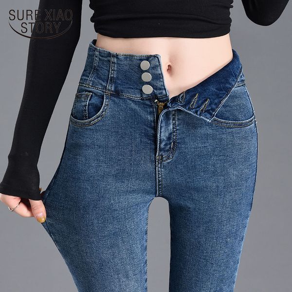 

women's jeans skinny high waist women 2021 autumn all-match black pencil pants blue woman denim trousers boyfriend style 10835