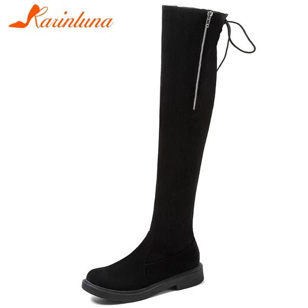

karin flock женщина над коленом boots круглый toe площади med каблуках с zip boots женщин 2020 casual комфорт обувь женщина, Black