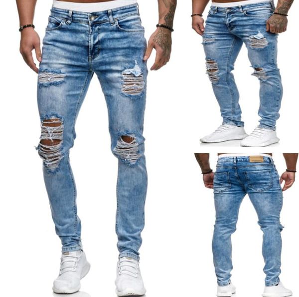 US -Stil neues Loch zerrissener Jeans Blenging Bastel lange Bleistifthose dünne schlanke Jungenhosen