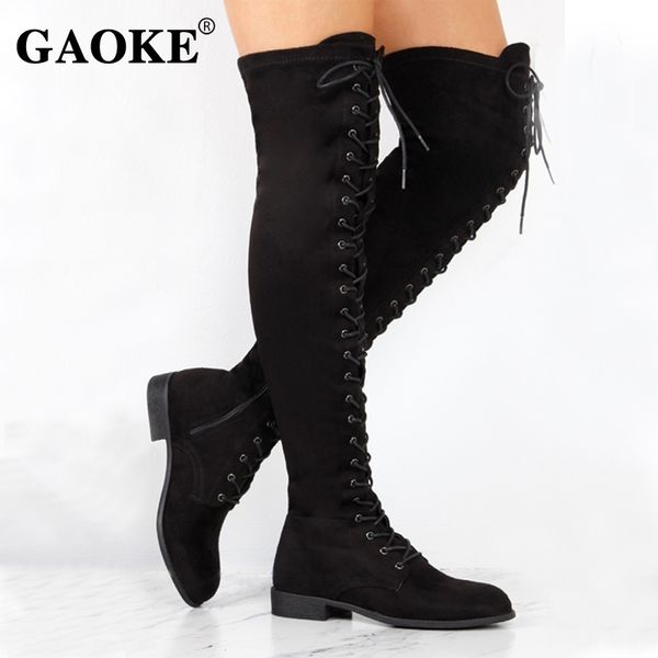 

boots 2021 woman shoes rubber low heel lace up over knee spring women platform footwear lady, Black
