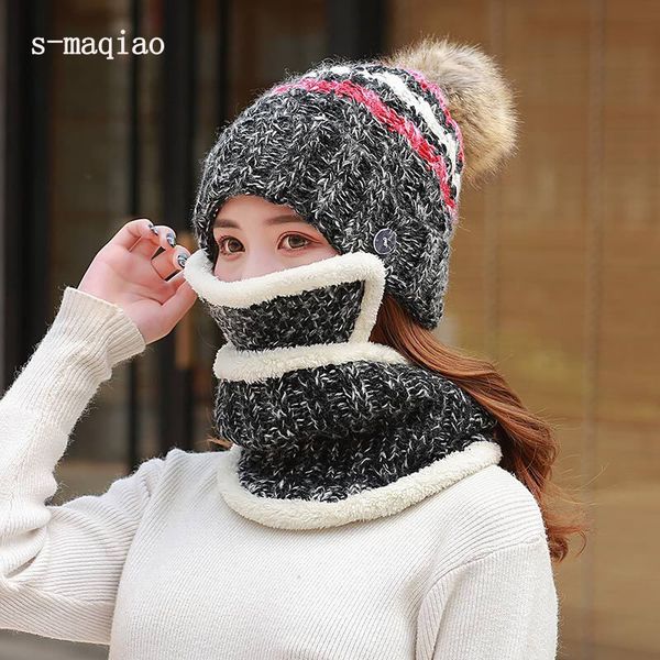 

fashion pompom winter cycling hat women 3 set warm wool beanies skullies hats with mask collar bib female velvet thick knit caps, Blue;gray