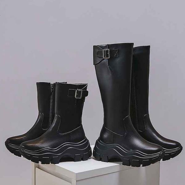 

botas mujer high heels shoes women's motorcycles boots cow leather thick bottom metal buckle fasteners keep warm boots, Black