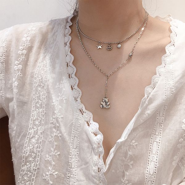 

vintage luck star smiling face thai silver color necklace bead chain pendant necklace for women jewelry s-n585
