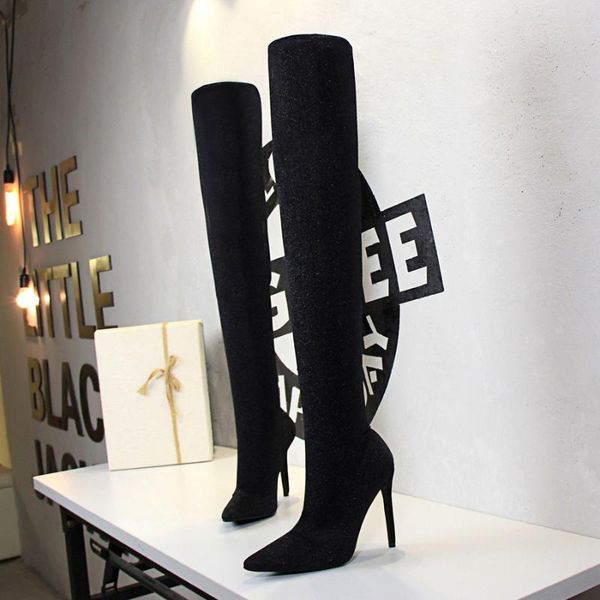 

european and american style slim stiletto boots women pointed sequined cloth long tube over the knee high heel boots, Black
