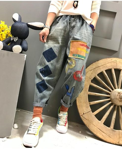 

women's jeans fairynatural women vintage summer autumn loose print letter denim pants 2021 ladies elastic waist casual plus size long t, Blue