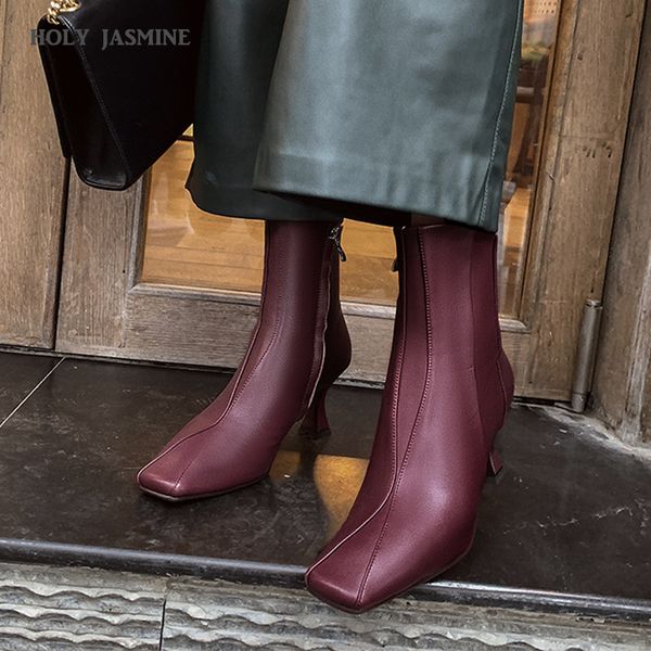 

new women boots 2020 autumn winter french star models ankle boots hoof heels high(5cm-8cm) zipper short plush inside rubber, Black