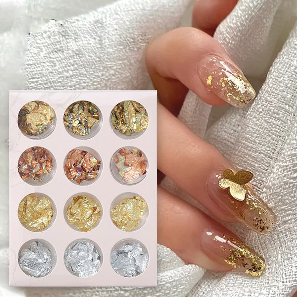 

nail glitter chnrmjl 12 boxes/set irregular art rose gold silver aluminum paillette flake foil paper chip tips diy 3d decorations, Silver;gold