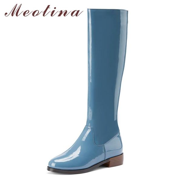

meotina winter knee high boots women natural genuine leather flat riding boots patent leather zipper shoes female autumn size 39, Black