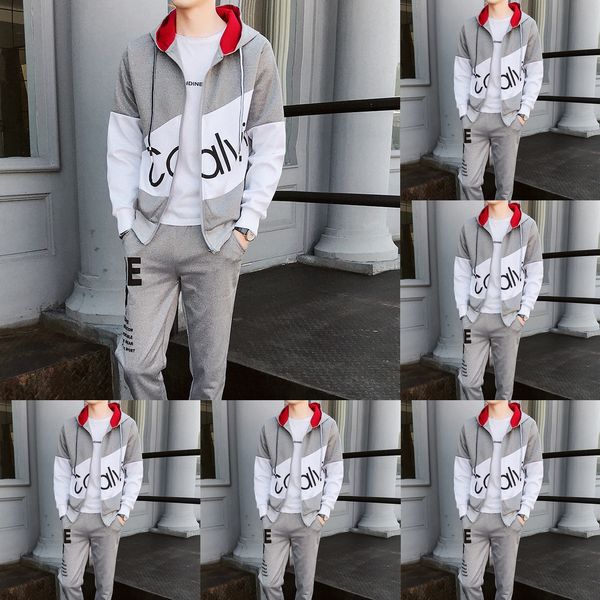 

2019 autumn men's color matching slim fit hooded casual sweater cardigan sweater men's sports suit ucvu7, Black