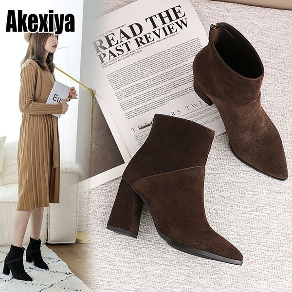 

women ankle boots cow suede plus size 34-40 fashion ankle boots pointed toe side zipper winter shoes women p005, Black
