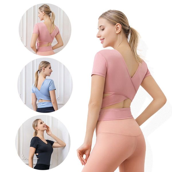 

yoga outfits women sports shirts workout clothing seamless sportswear fitness tight short sleeve breathable running gym t-shirt, White;red