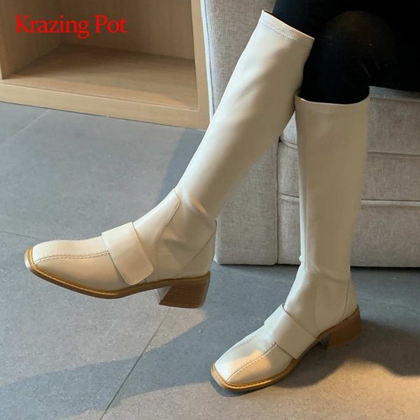 

boots krazing pot european style natural leather designer gorgeous square toe thick med heel slip on pretty girls knee high l02, Black