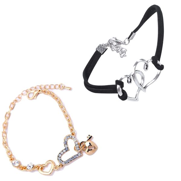 

1pcs handmand love heart charm jewelry woven cord bracelet & 1pcs heart shape charm bracelets gold plated jewelry for women fash, Golden;silver